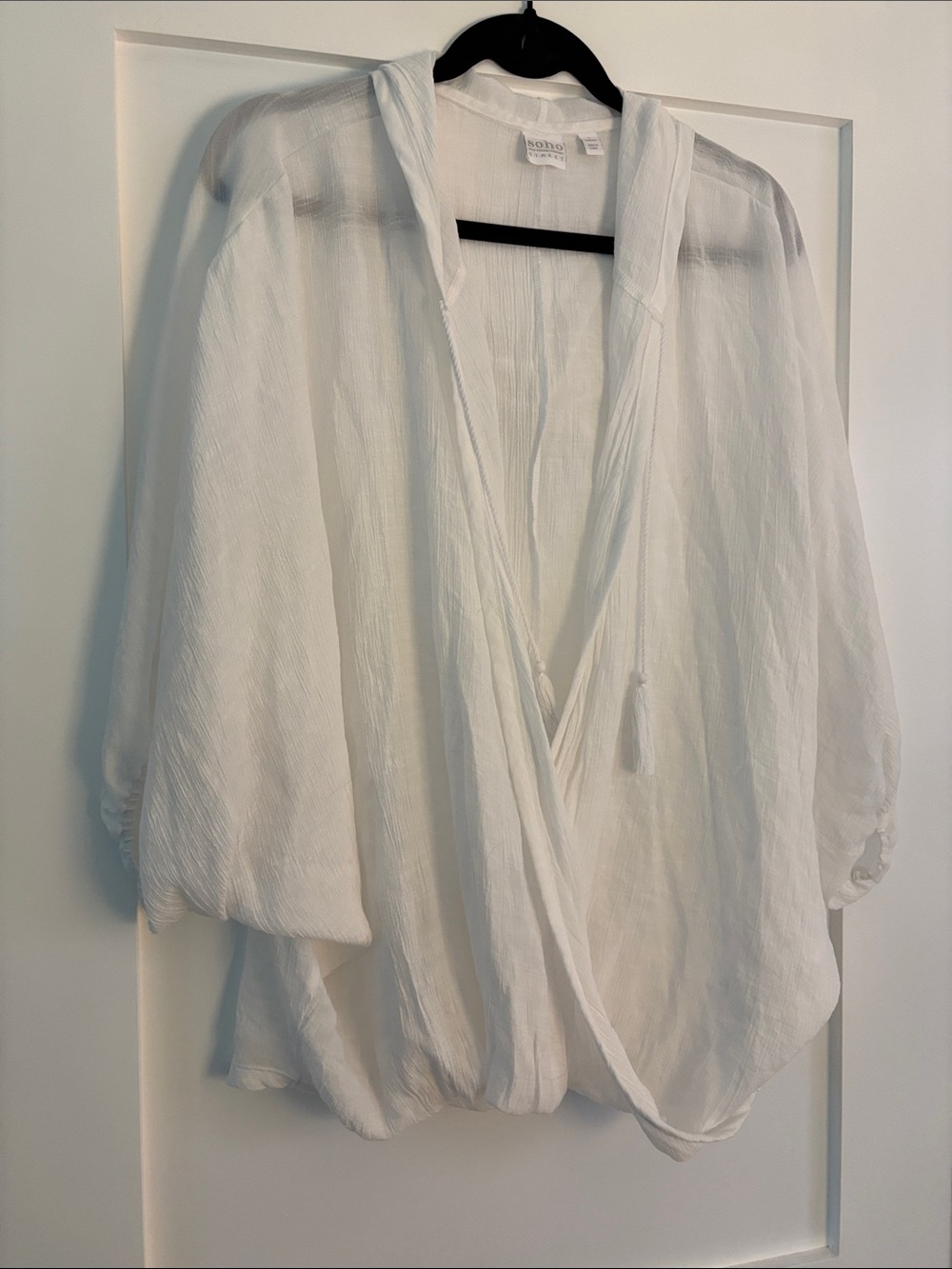 New York & Company White V-Neck Semi-Sheer Peasant Blouse with Tassel
